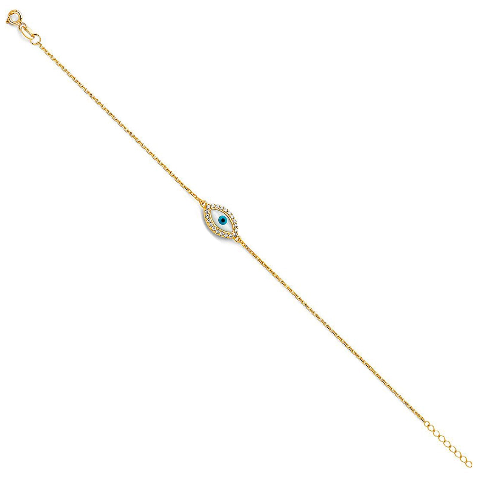 14K Yellow Gold Evil Eye Bracelet Chain 7" + 1" Extension