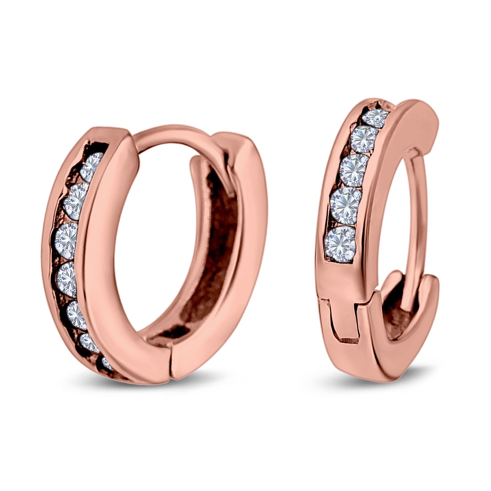 14K Rose Gold Round Art Deco Hoop Earrings Simulated CZ