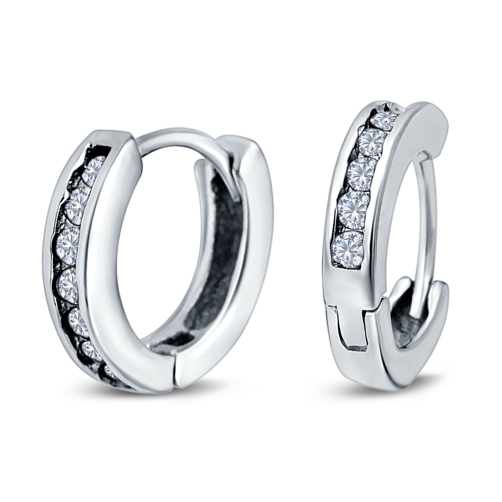 14K White Gold Round Art Deco Hoop Earrings Simulated CZ