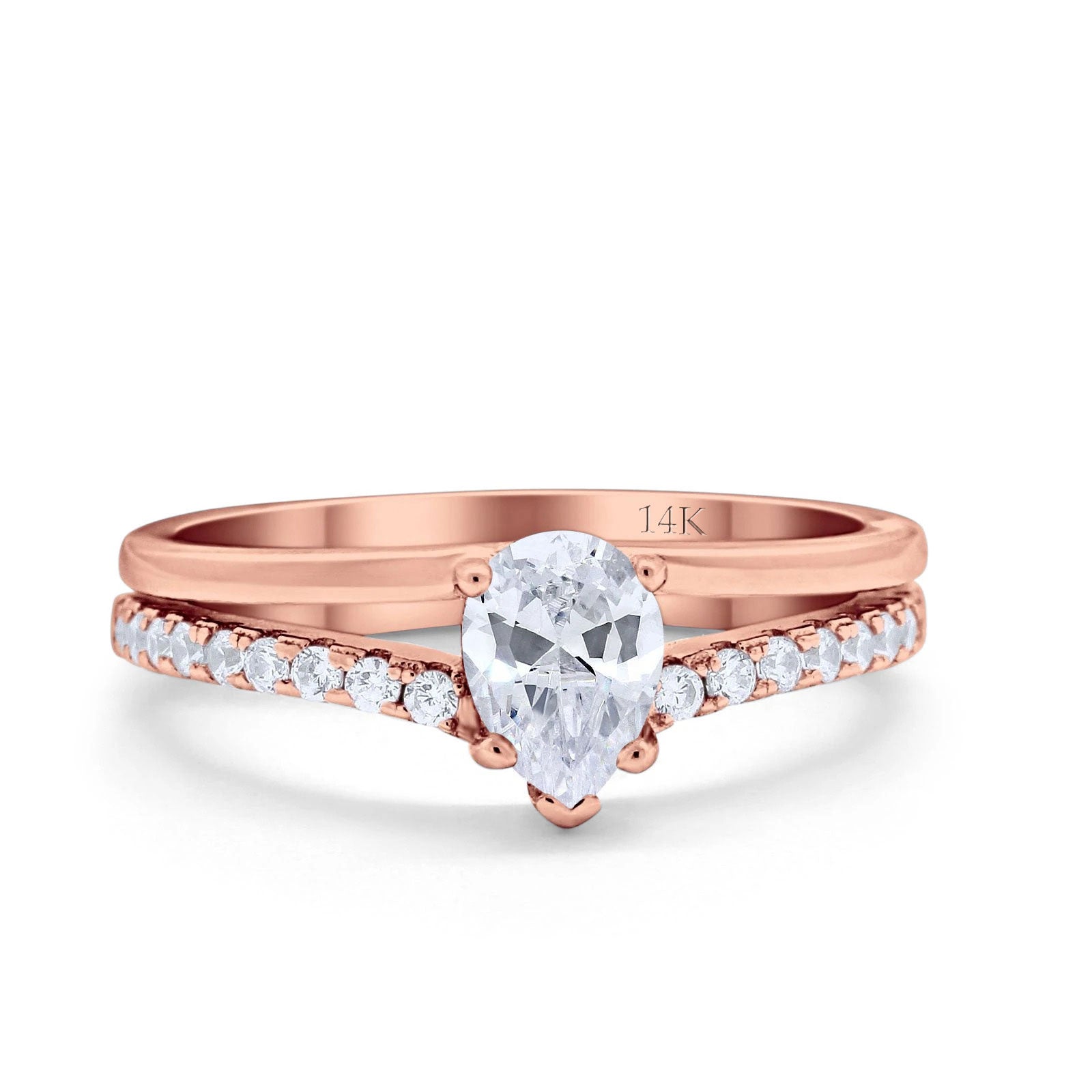 14K Rose Gold Teardrop Pear Accent Simulated CZ Wedding Engagement Ring Size 7