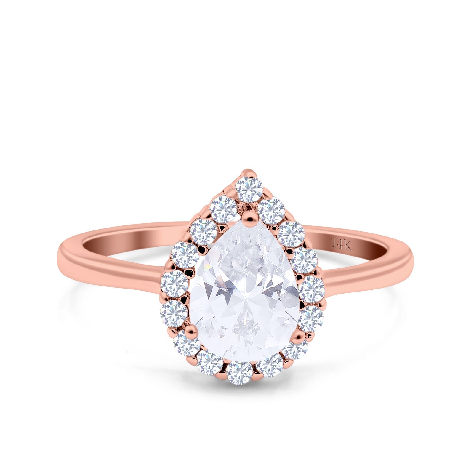 14K Rose Gold Teardrop Halo Art Deco Pear Ring Simulated Cubic Zirconia Wedding Engagement Ring
