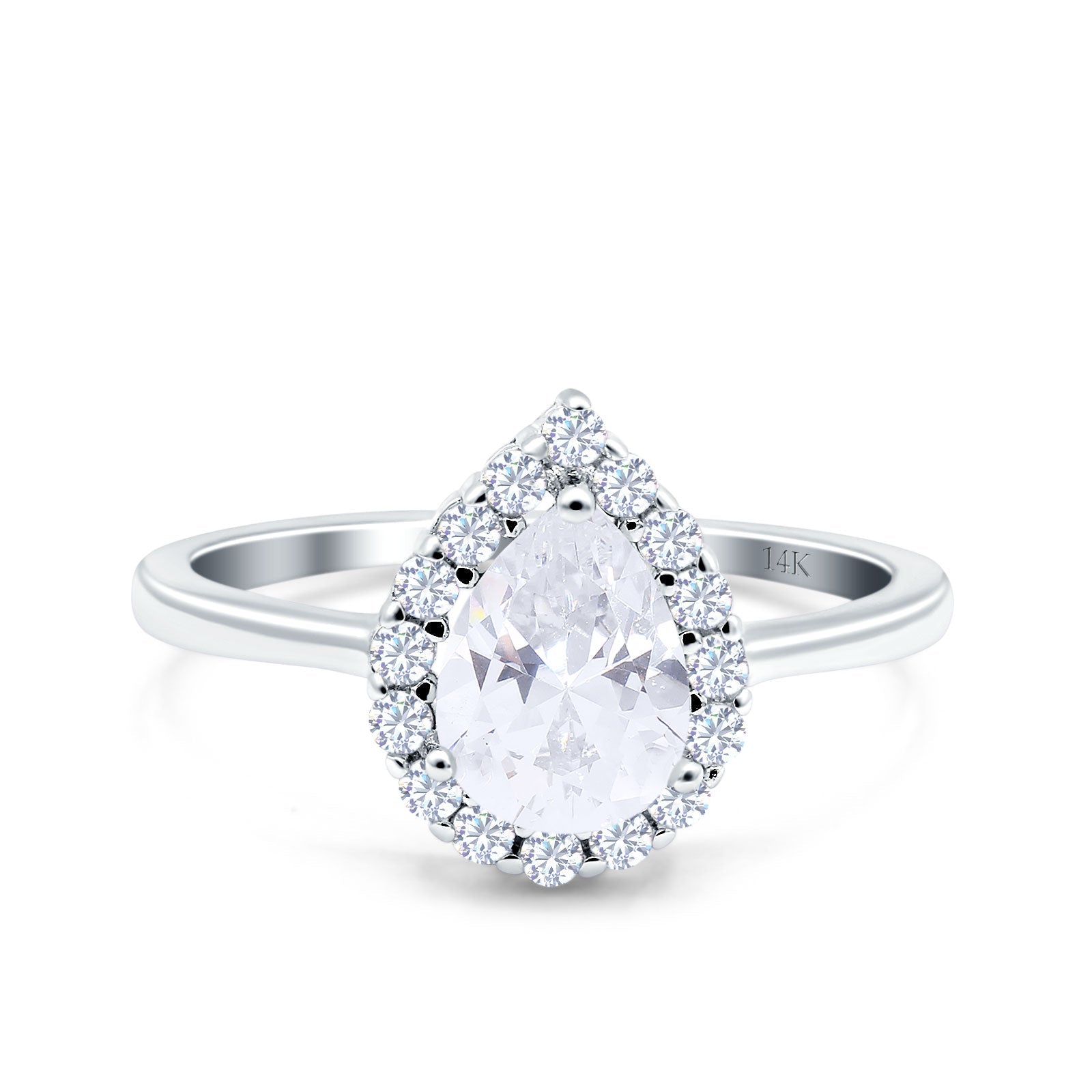 14K White Gold Teardrop Halo Art Deco Pear Ring Simulated Cubic Zirconia Wedding Engagement Ring