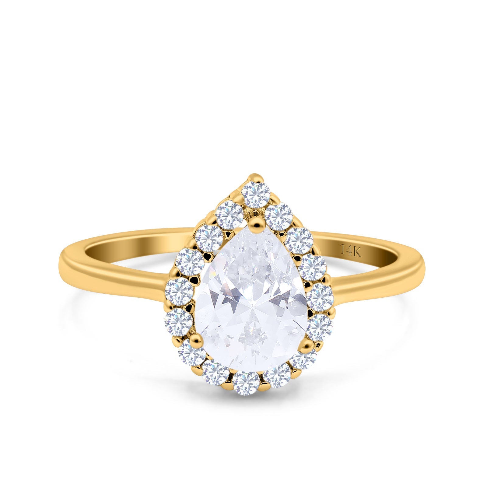 14K Yellow Gold Teardrop Halo Art Deco Pear Ring Simulated Cubic Zirconia Wedding Engagement Ring