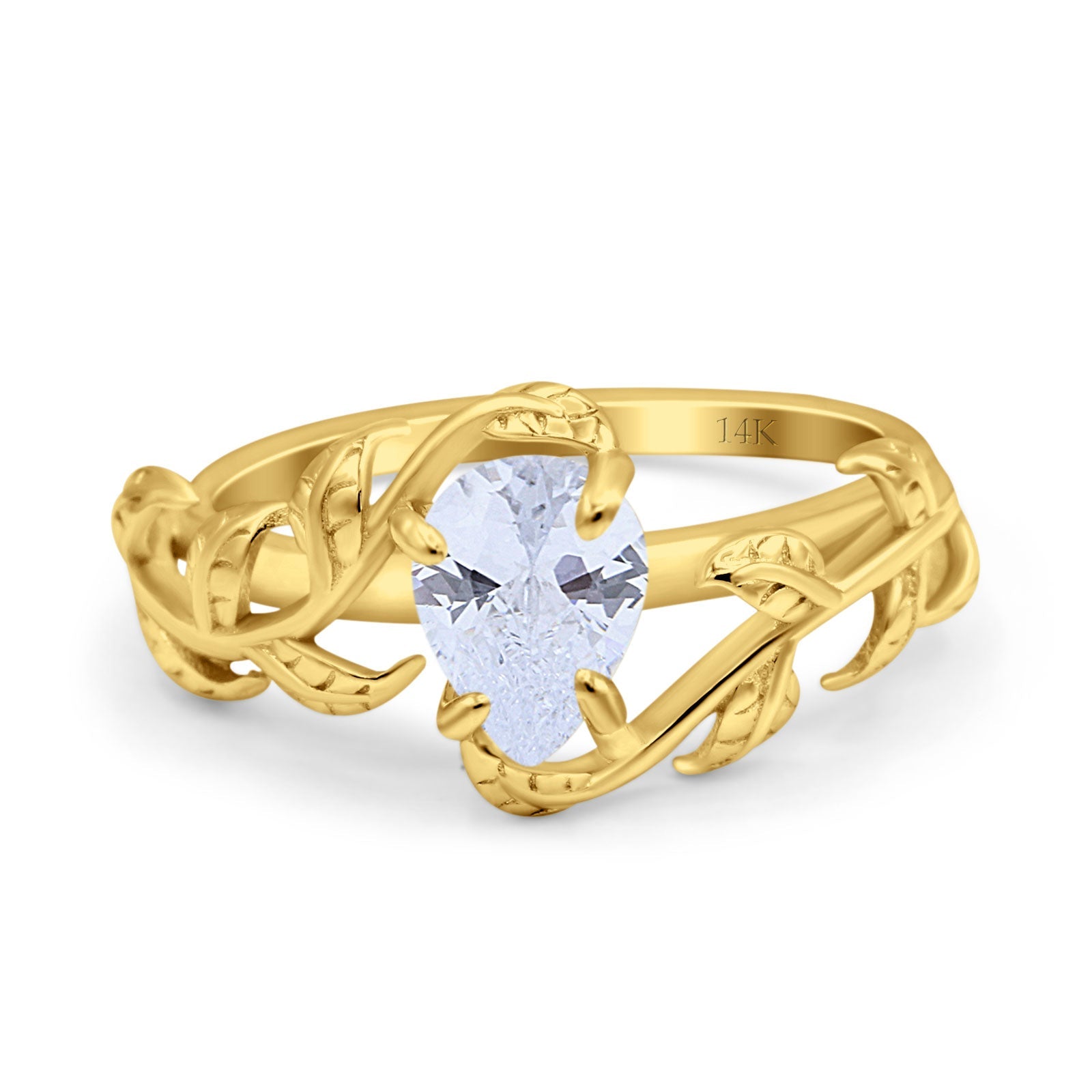 14K Yellow Gold Art Deco Leaves Pear Vintage Style Bridal Ring Simulated Cubic Zirconia Wedding Engagement Ring