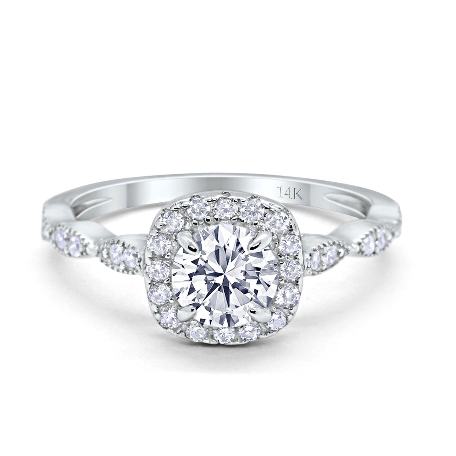 14K White Gold Round Art Deco Bridal Simulated CZ Wedding Engagement Ring Size 7