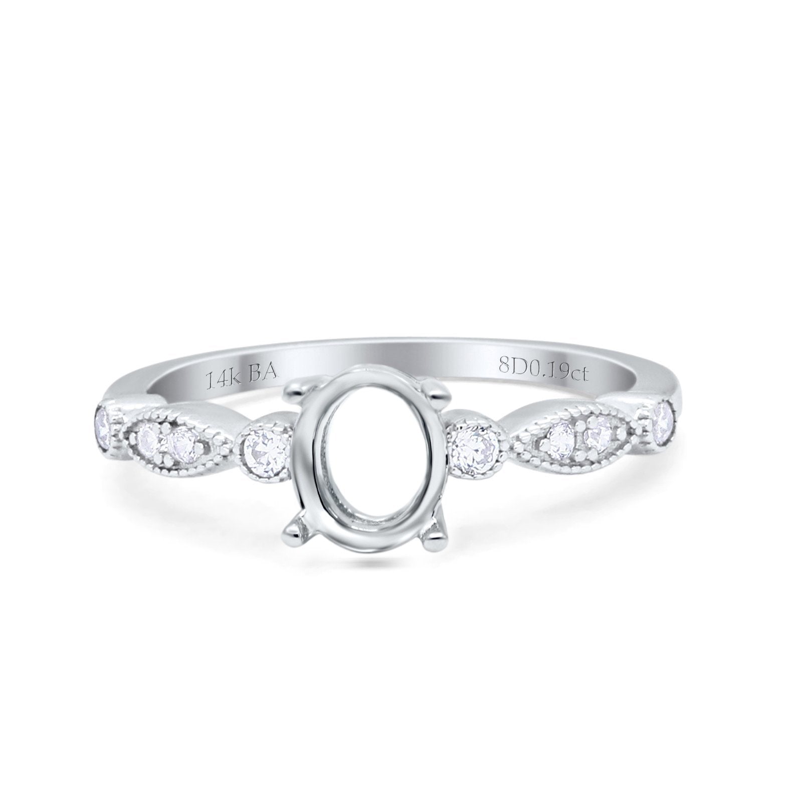 14K White Gold 0.19ct Oval Vintage Style 8mmx6mm G SI Semi Mount Diamond Engagement Wedding Ring