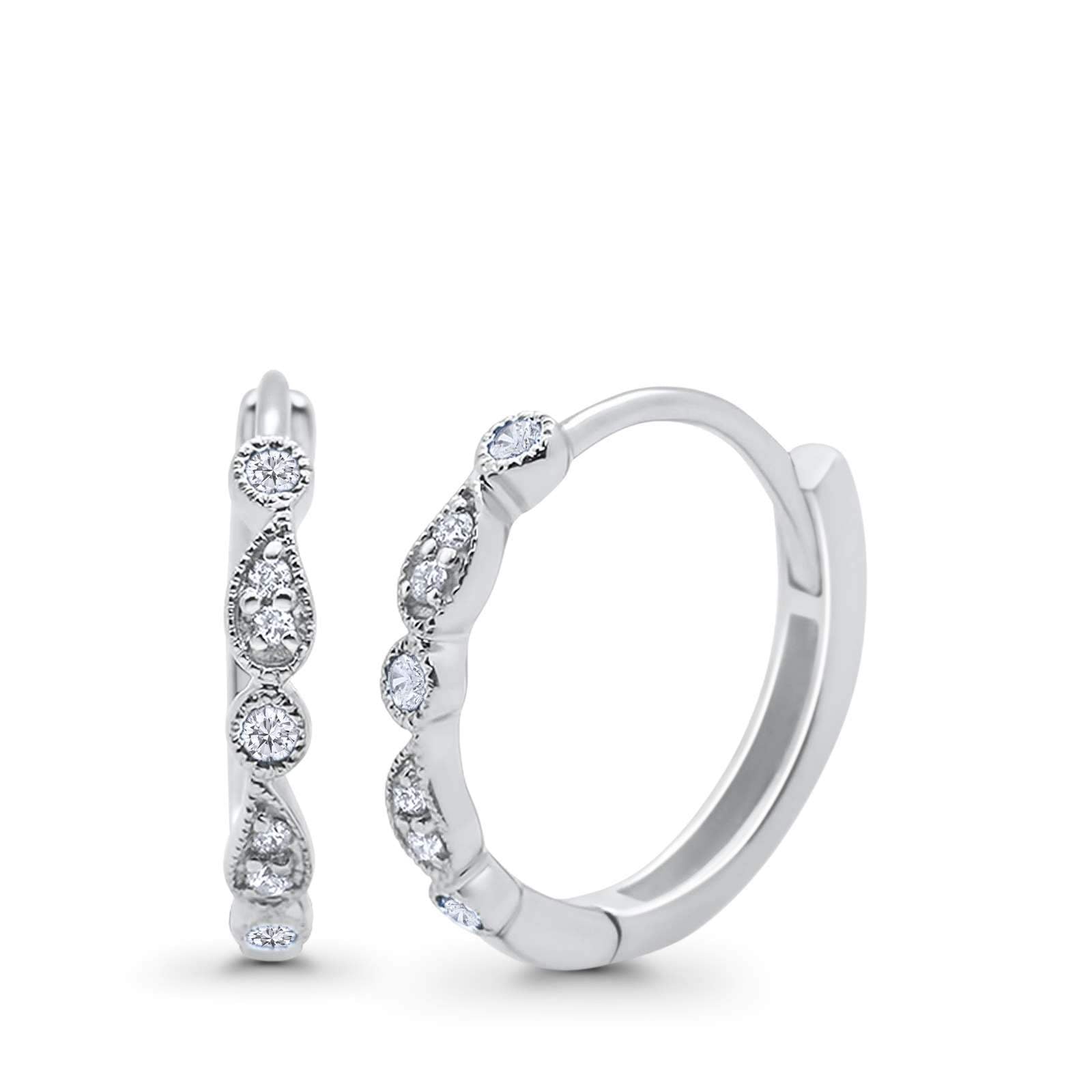 14K White Gold Huggie Hoop Earrings Round Simulated Cubic Zirconia