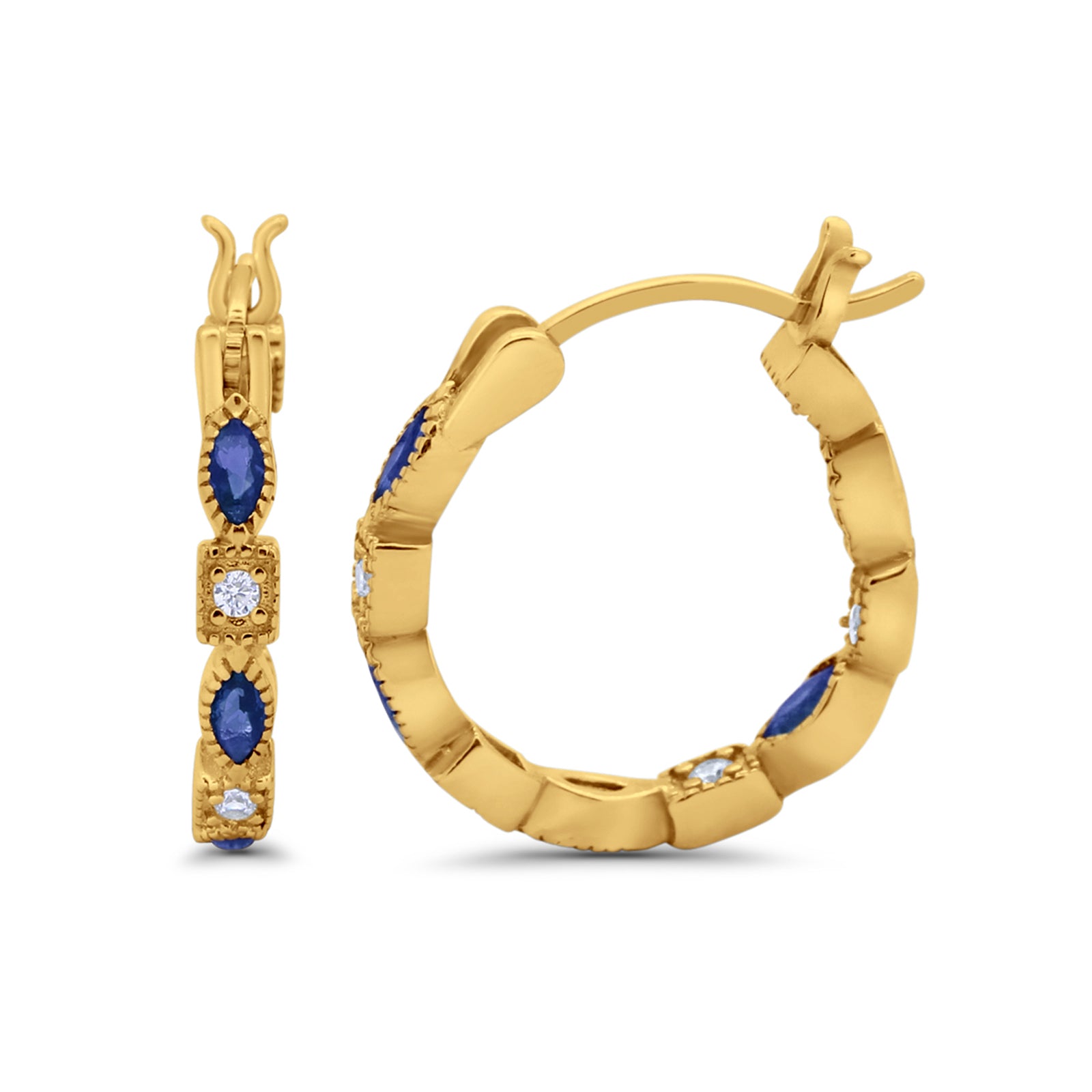 14K Yellow Gold Art Deco Hoop Earrings Marquise Round Simulated Blue Sapphire CZ