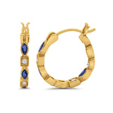 14K Yellow Gold Art Deco Hoop Earrings Marquise Round Simulated Blue Sapphire CZ