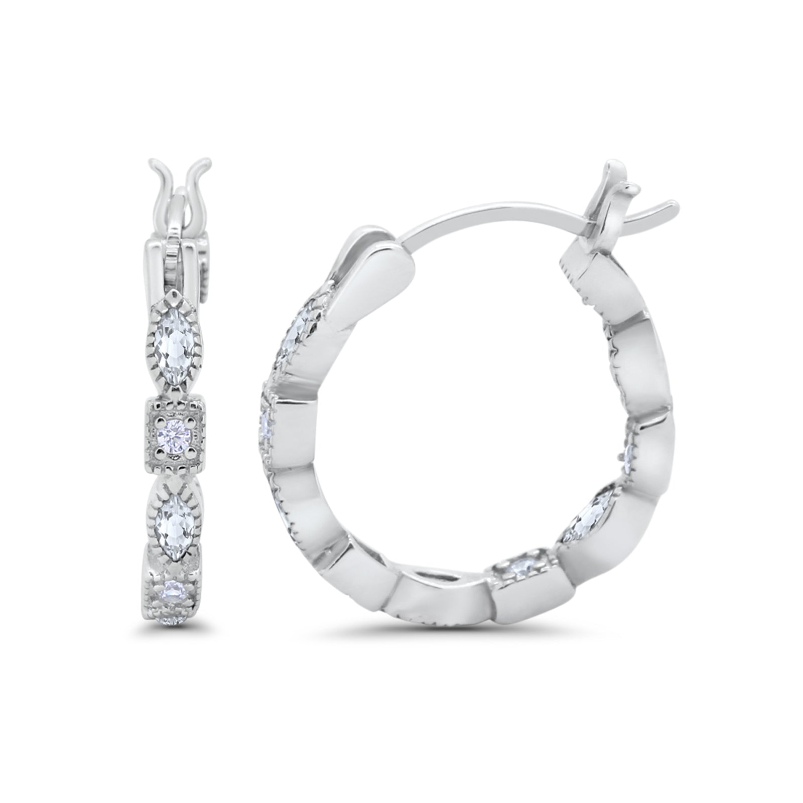 14K White Gold Art Deco Hoop Earrings Marquise Round Simulated CZ