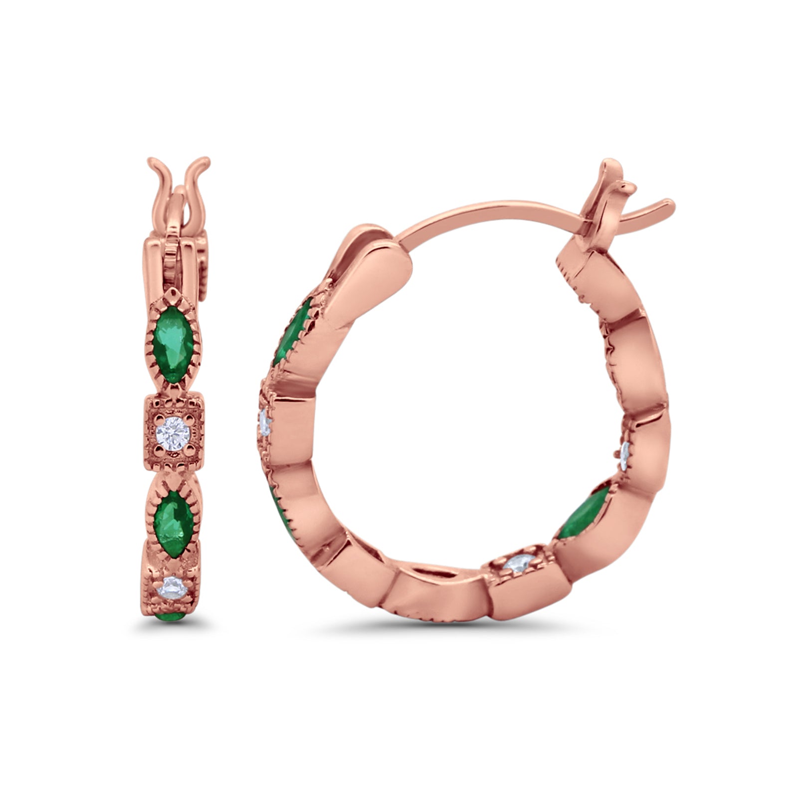 14K Rose Gold Art Deco Hoop Earrings Marquise Round Simulated Green Emerald CZ