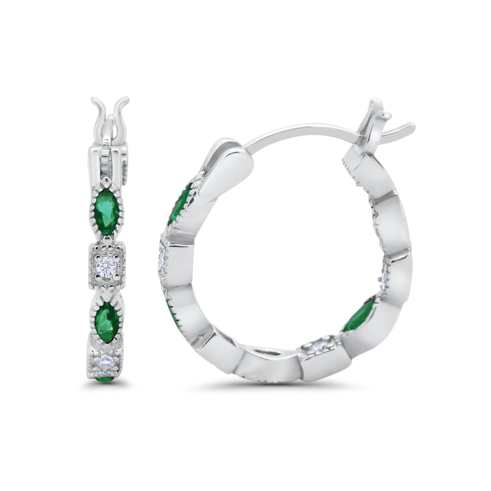 14K White Gold Art Deco Hoop Earrings Marquise Round Simulated Green Emerald CZ