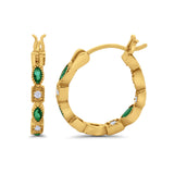 14K Yellow Gold Art Deco Hoop Earrings Marquise Round Simulated Green Emerald CZ