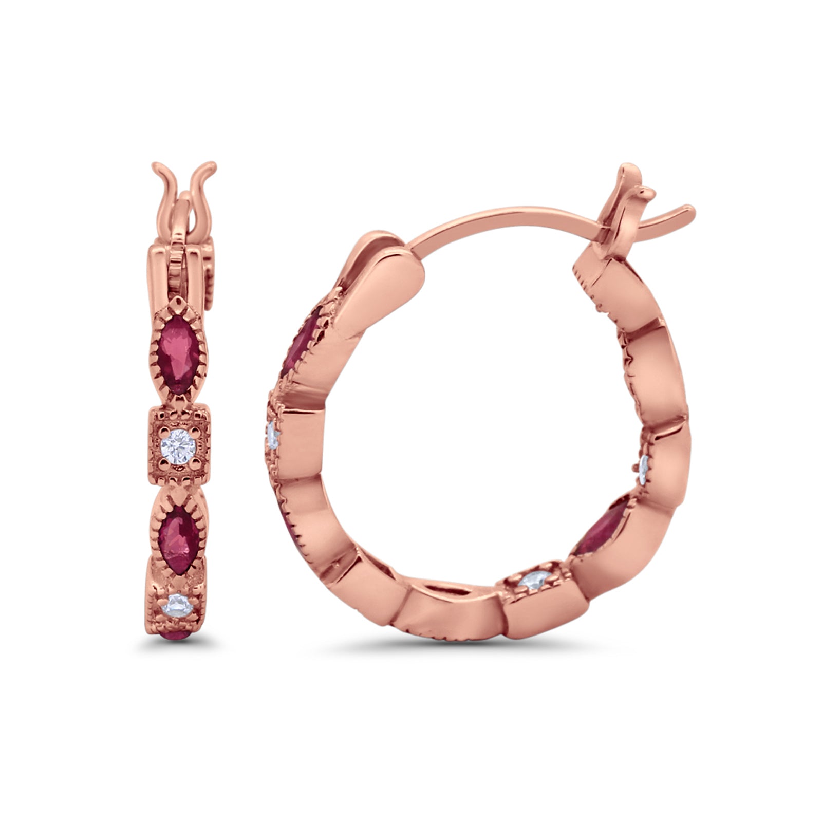 14K Rose Gold Art Deco Hoop Earrings Marquise Round Simulated Ruby CZ