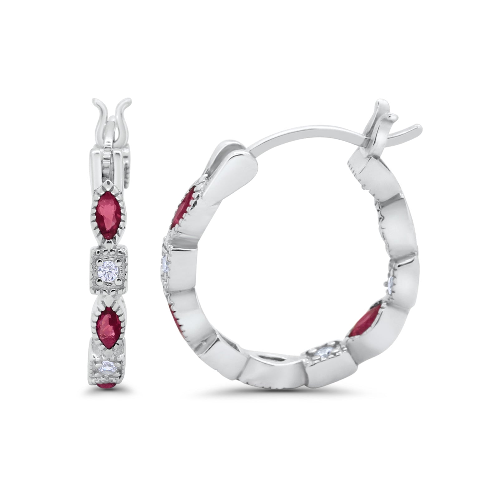 14K White Gold Art Deco Hoop Earrings Marquise Round Simulated Ruby CZ