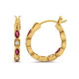 14K Yellow Gold Art Deco Hoop Earrings Marquise Round Simulated Ruby CZ