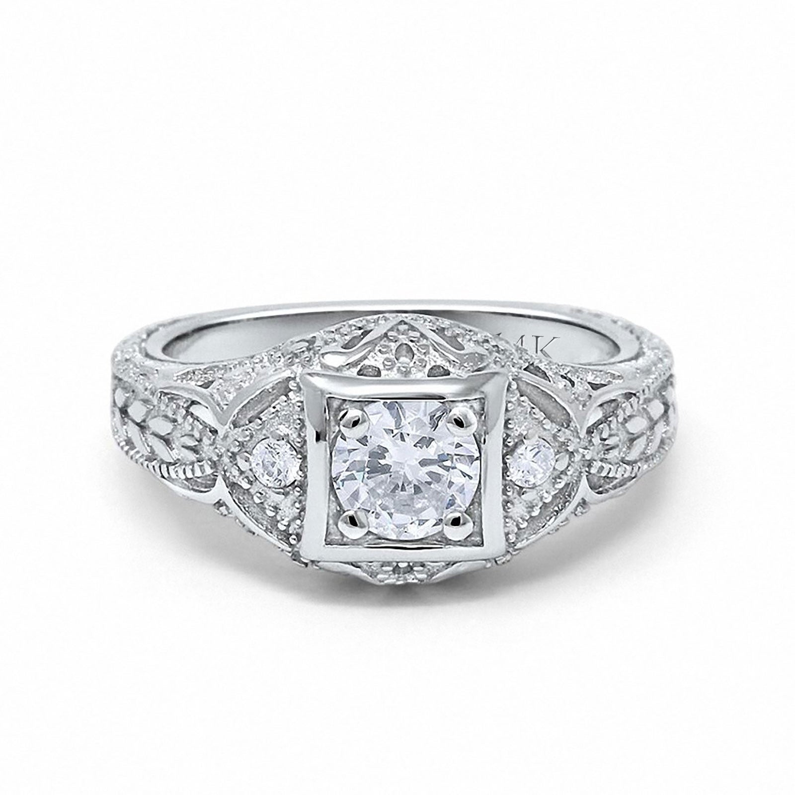 14K White Gold Round Antique Style Wedding Engagement Ring Simulated CZ Size-7
