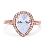 14K Rose Gold Halo Teardrop Bridal Ring Pear Round Cubic Zirconia Size-7