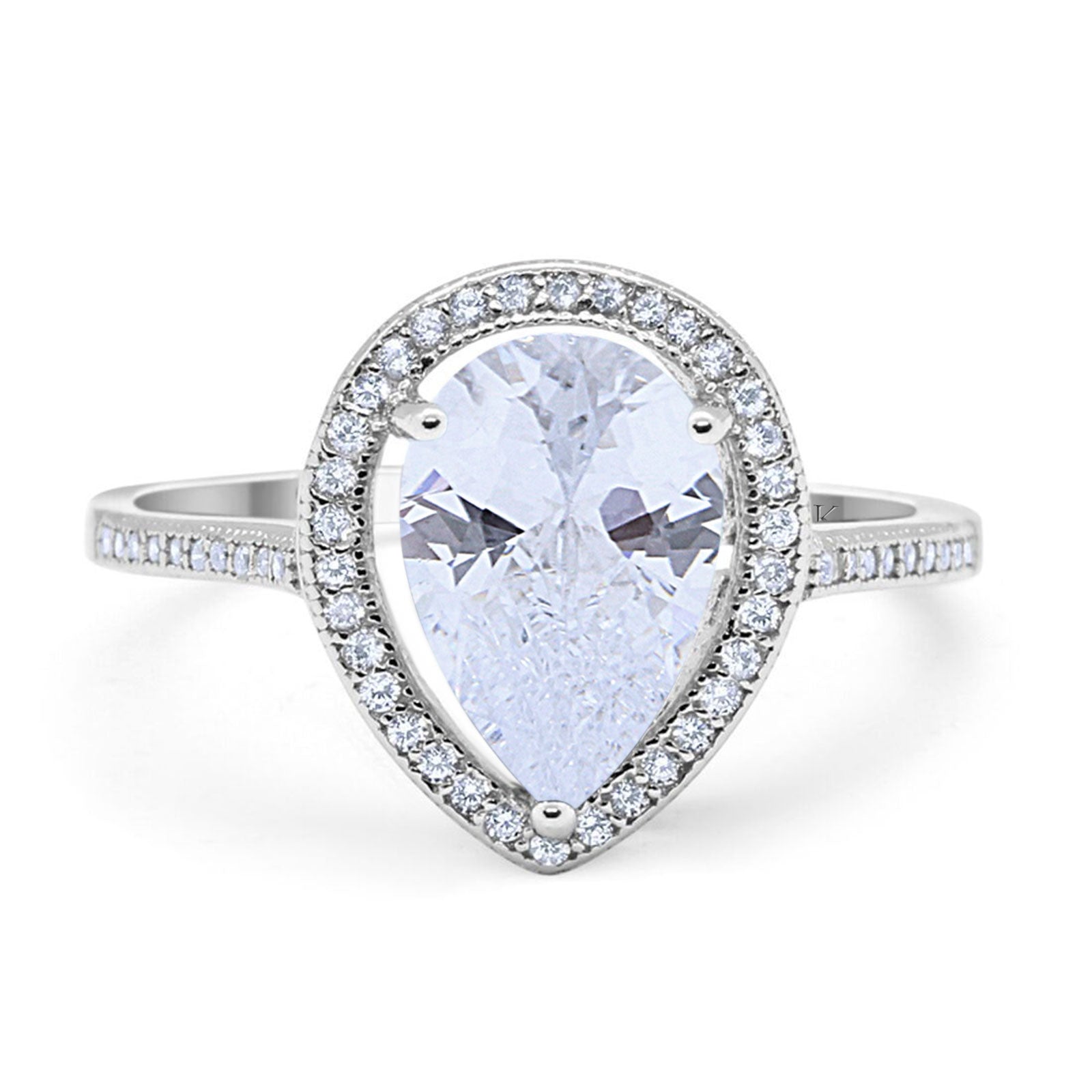 14K White Gold Halo Teardrop Bridal Ring Pear Round Cubic Zirconia Size-7