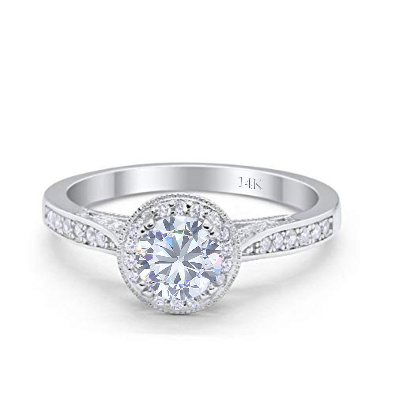 14K White Gold Halo Round Bridal Wedding Engagement Ring Simulated CZ Size-7