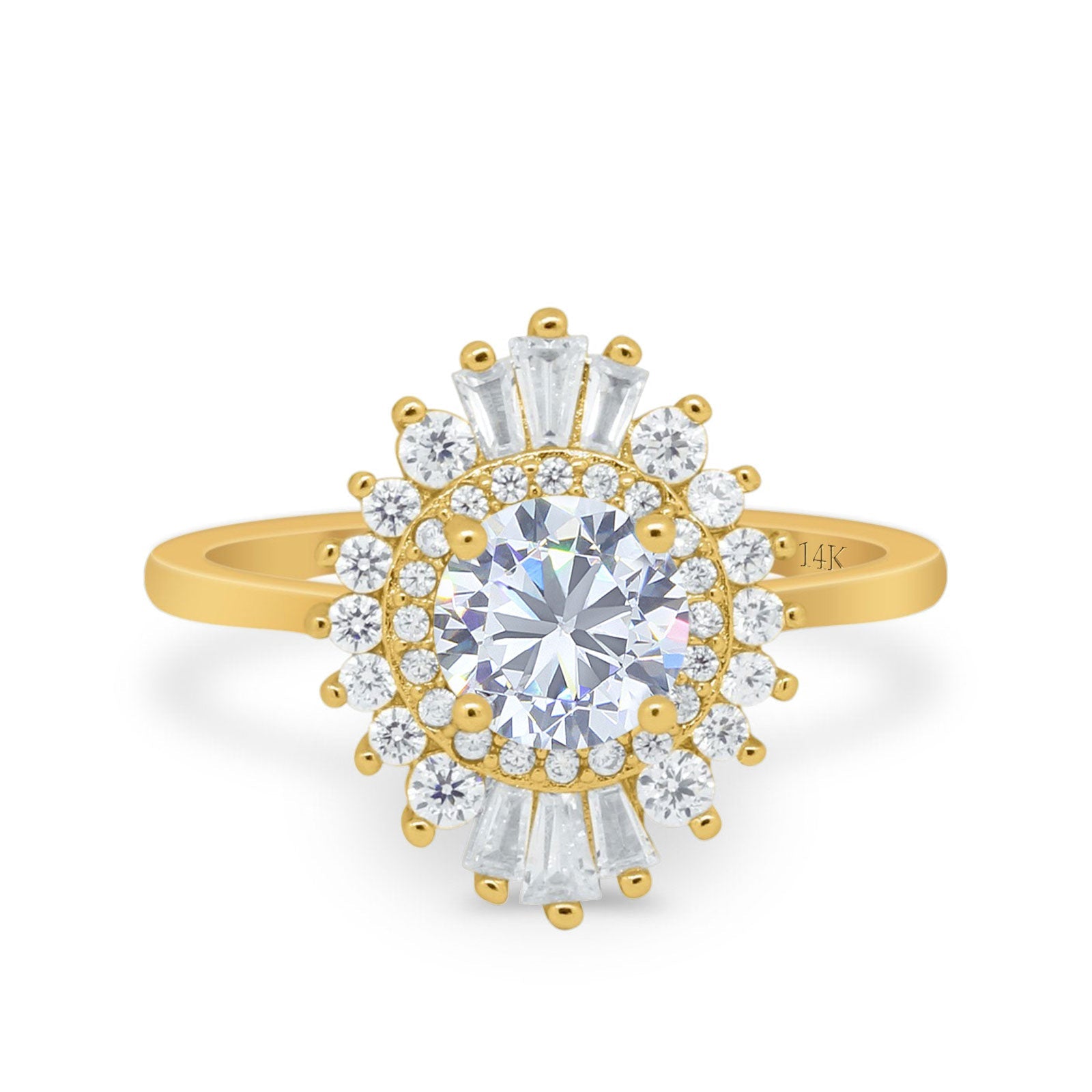 14K Yellow Gold Art Deco Round Bridal Baguette Simulated CZ Wedding Engagement Ring Size-7