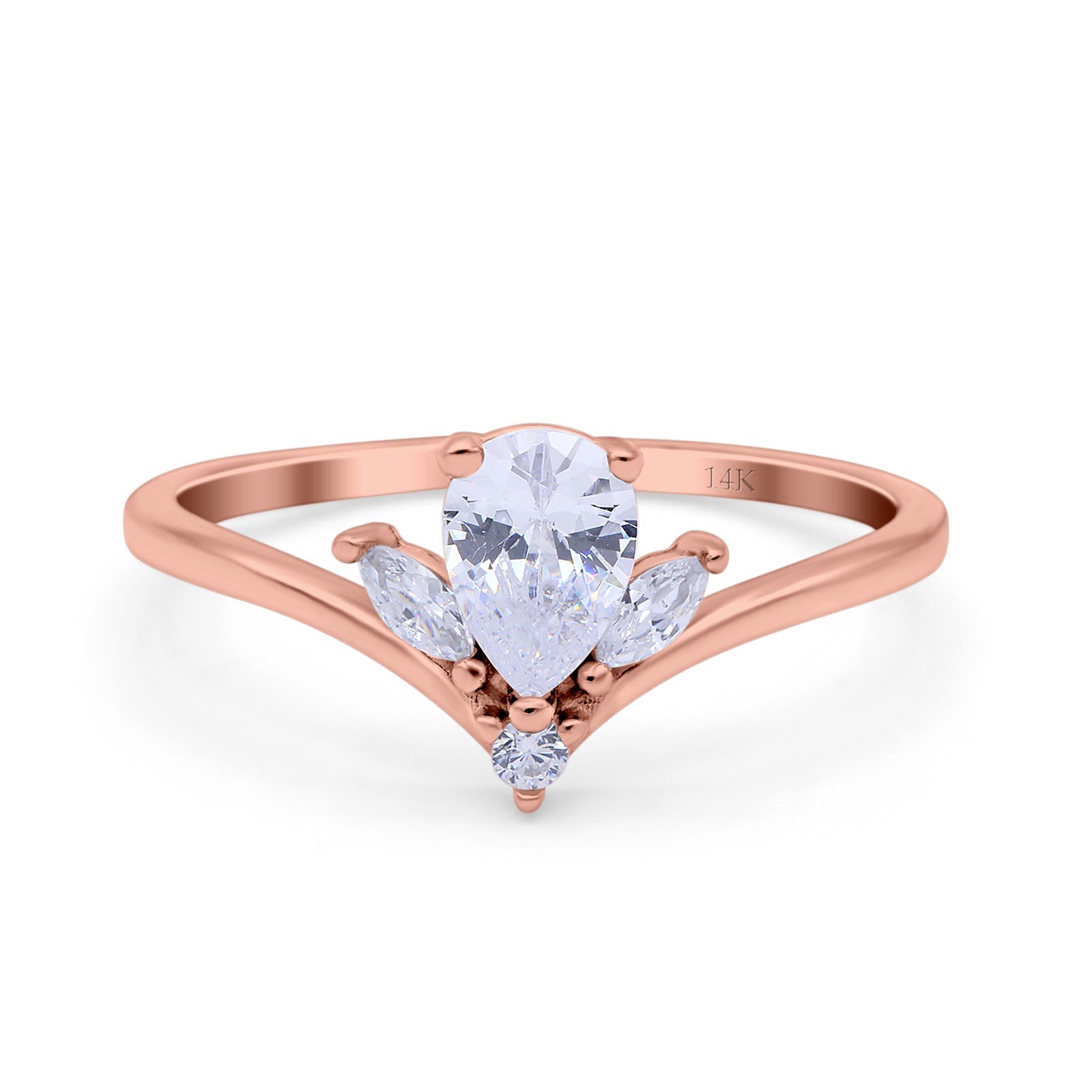 14K Rose Gold Teardrop Pear Art Deco Engagement Ring Marquise Simulated Cubic Zirconia Size-7