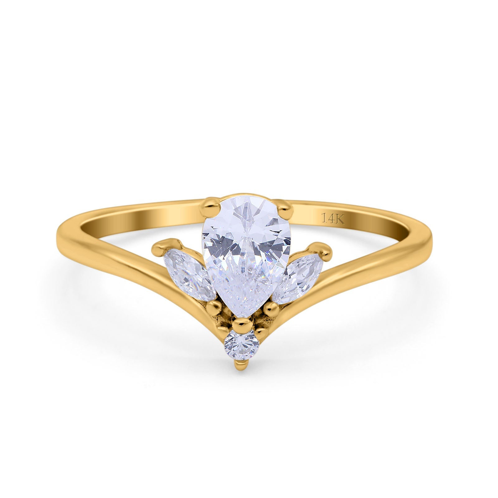14K Yellow Gold Teardrop Pear Art Deco Engagement Ring Marquise Simulated Cubic Zirconia Size-7