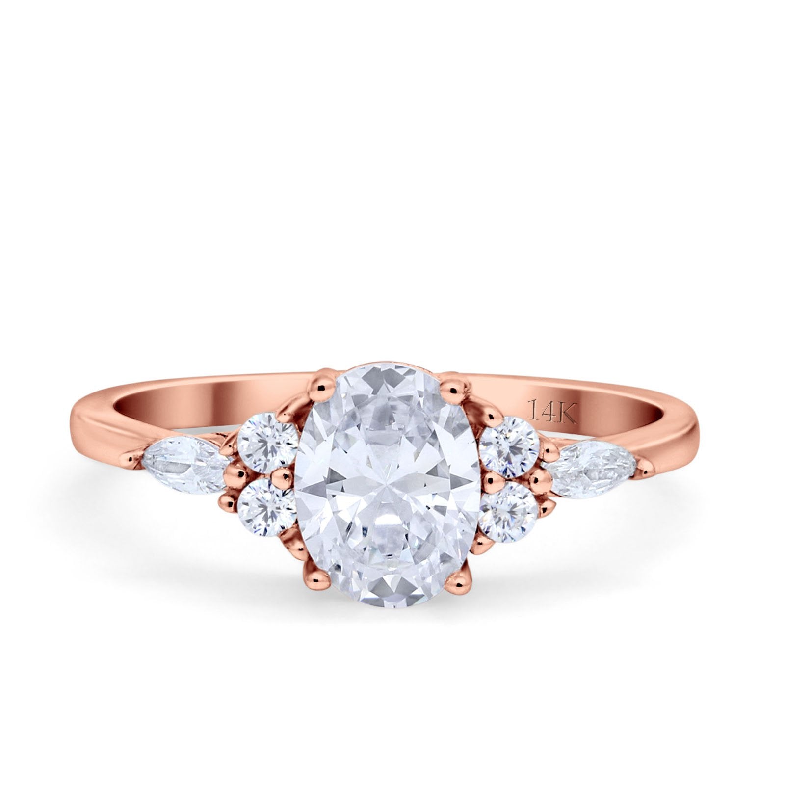 14K Rose Gold Art Deco Oval Wedding Ring Marquise Simulated Cubic Zirconia Size-7