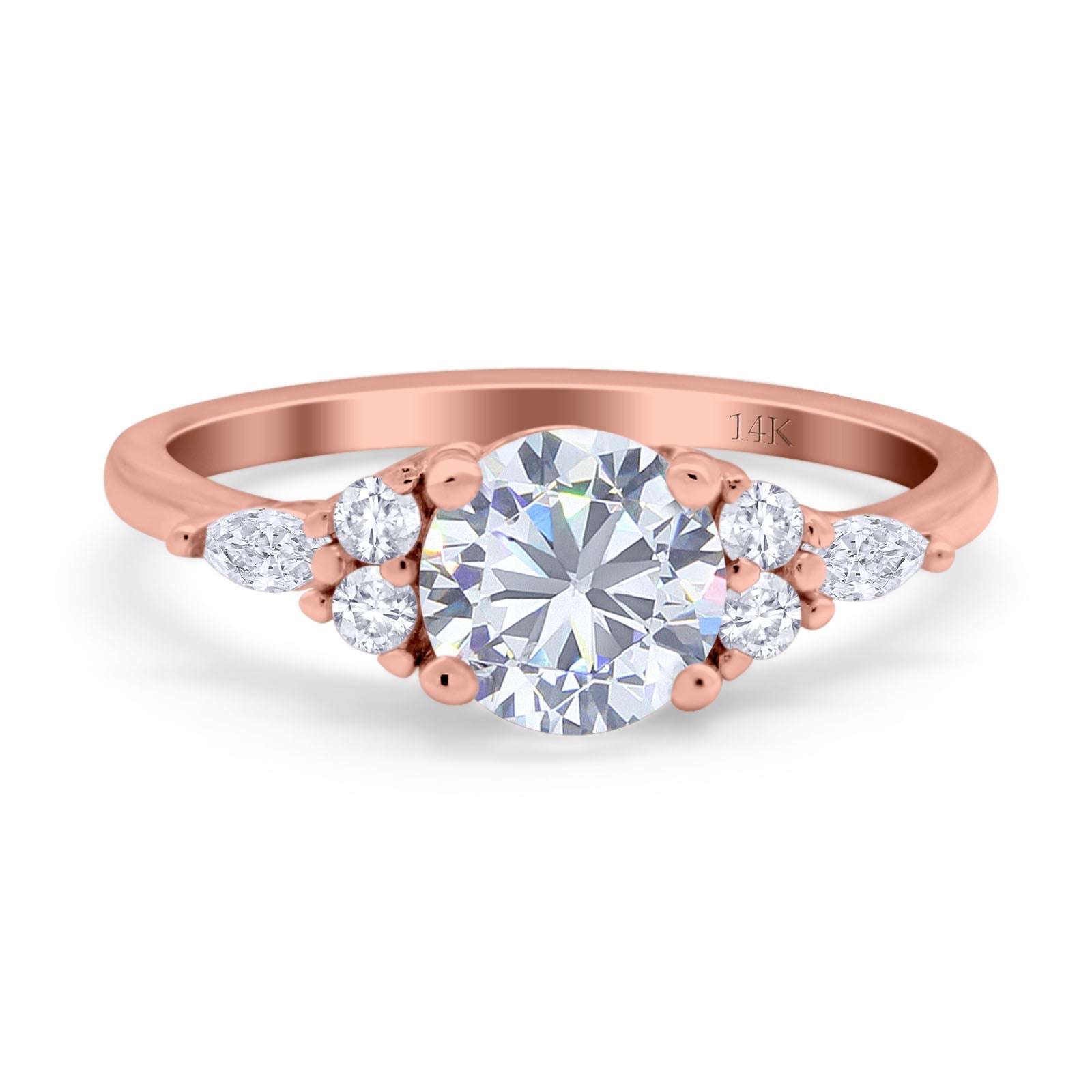 14K Rose Gold Art Deco Engagement Ring Round Simulated Cubic Zirconia Size-7