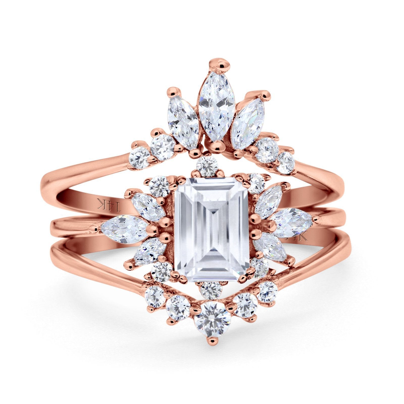 14K Rose Gold Emerald Cut Trio Set Engagement Rings Three Piece Bridal Set Marquise Round Simulated Cubic Zirconia