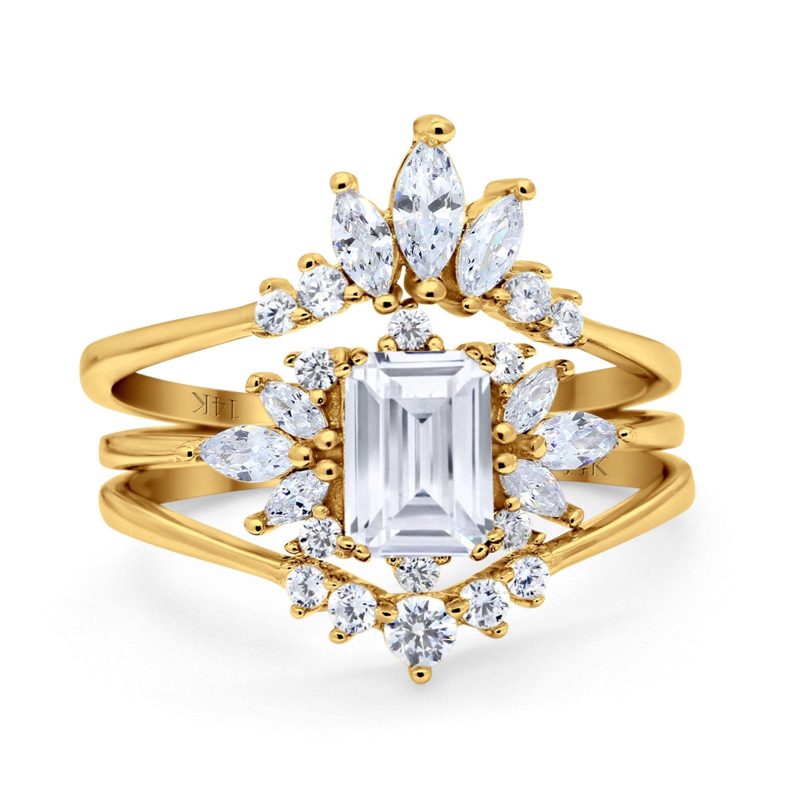 14K Yellow Gold Emerald Cut Trio Set Engagement Rings Three Piece Bridal Set Marquise Round Simulated Cubic Zirconia