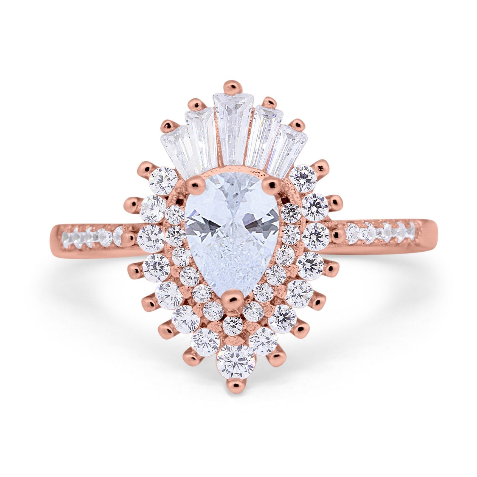 14K Rose Gold Pear Engagement Ring Baguette Simulated Cubic Zirconia Size-7