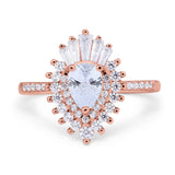 14K Rose Gold Pear Engagement Ring Baguette Simulated Cubic Zirconia Size-7
