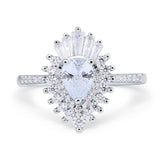 14K White Gold Pear Engagement Ring Baguette Simulated Cubic Zirconia Size-7