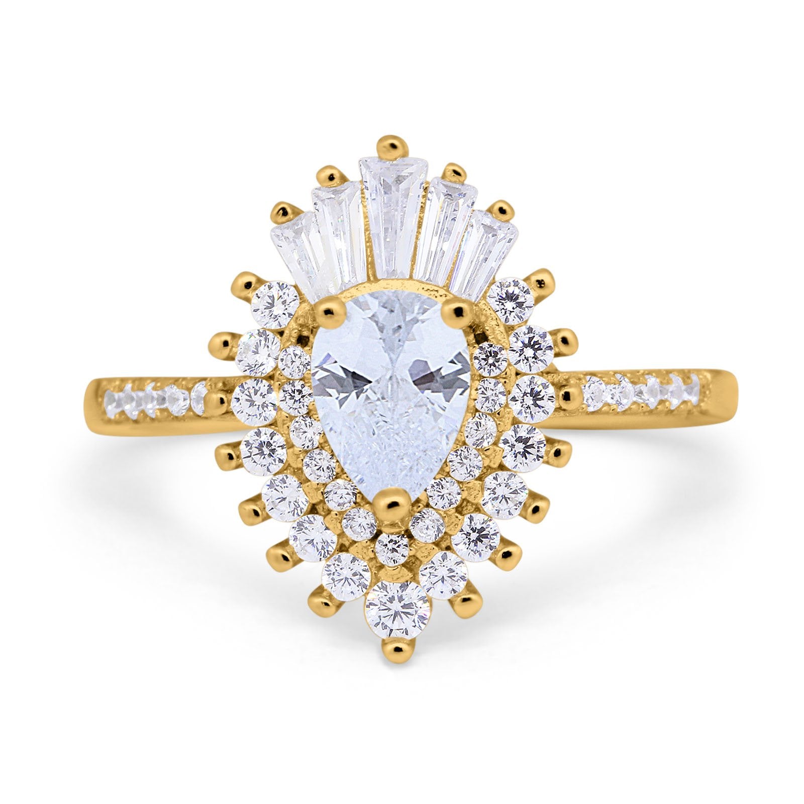 14K Yellow Gold Pear Engagement Ring Baguette Simulated Cubic Zirconia Size-7