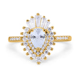 14K Yellow Gold Pear Engagement Ring Baguette Simulated Cubic Zirconia Size-7