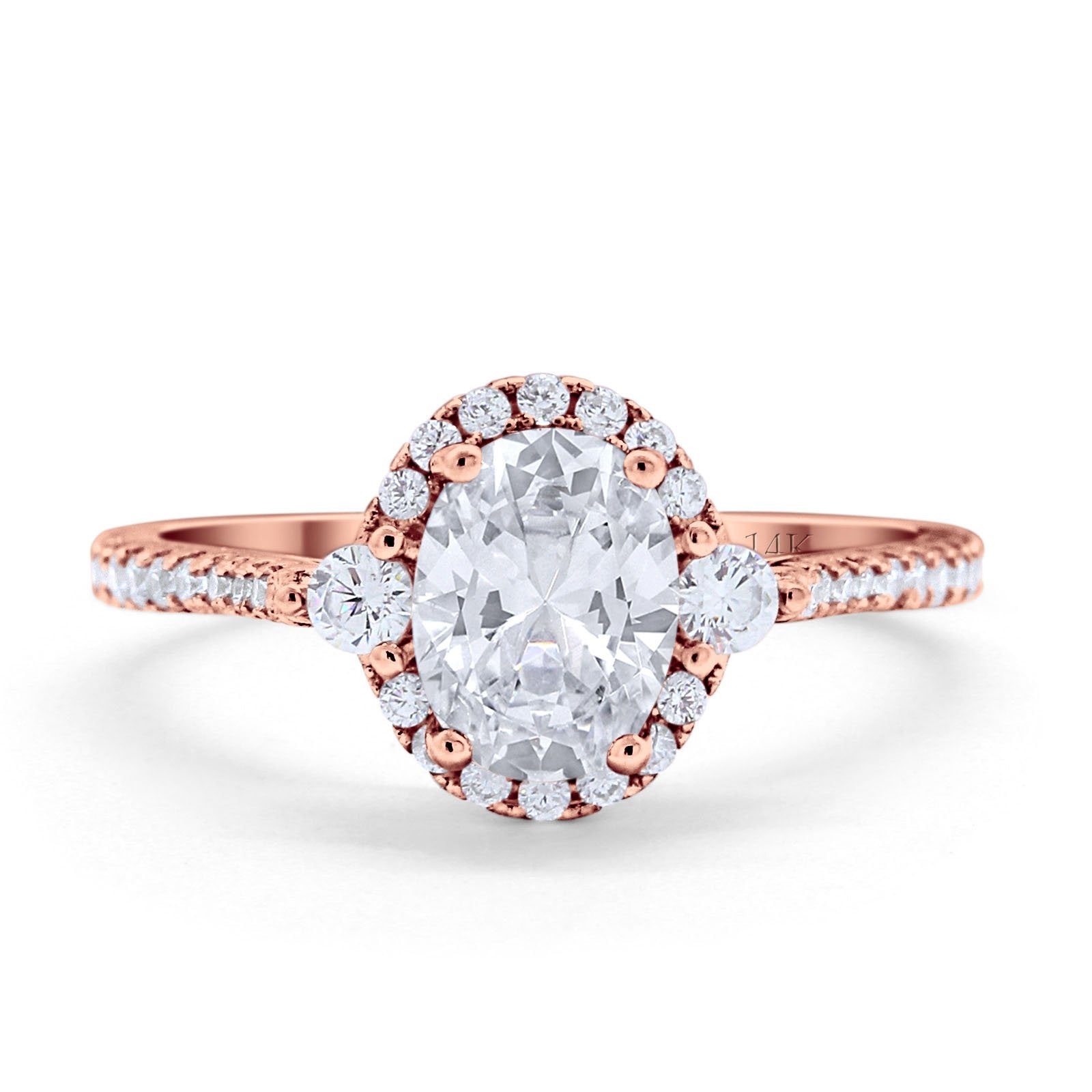 14K Rose Gold Oval Engagement Ring Round Simulated Cubic Zirconia Size-7