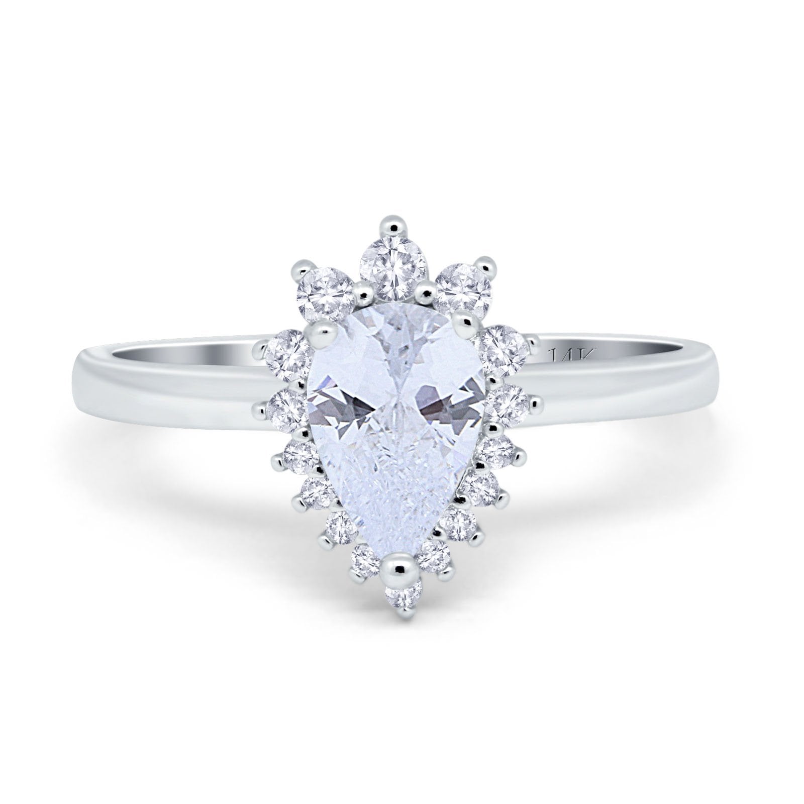 14K White Gold Teardrop Engagement Ring Round Simulated Cubic Zirconia Size-7