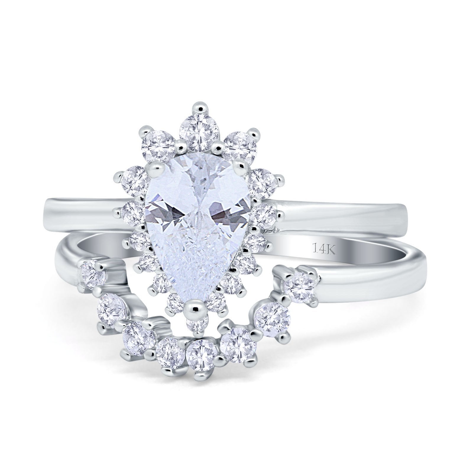 14K White Gold Teardrop Two Piece Art Deco Simulated CZ Wedding Ring Curved Band