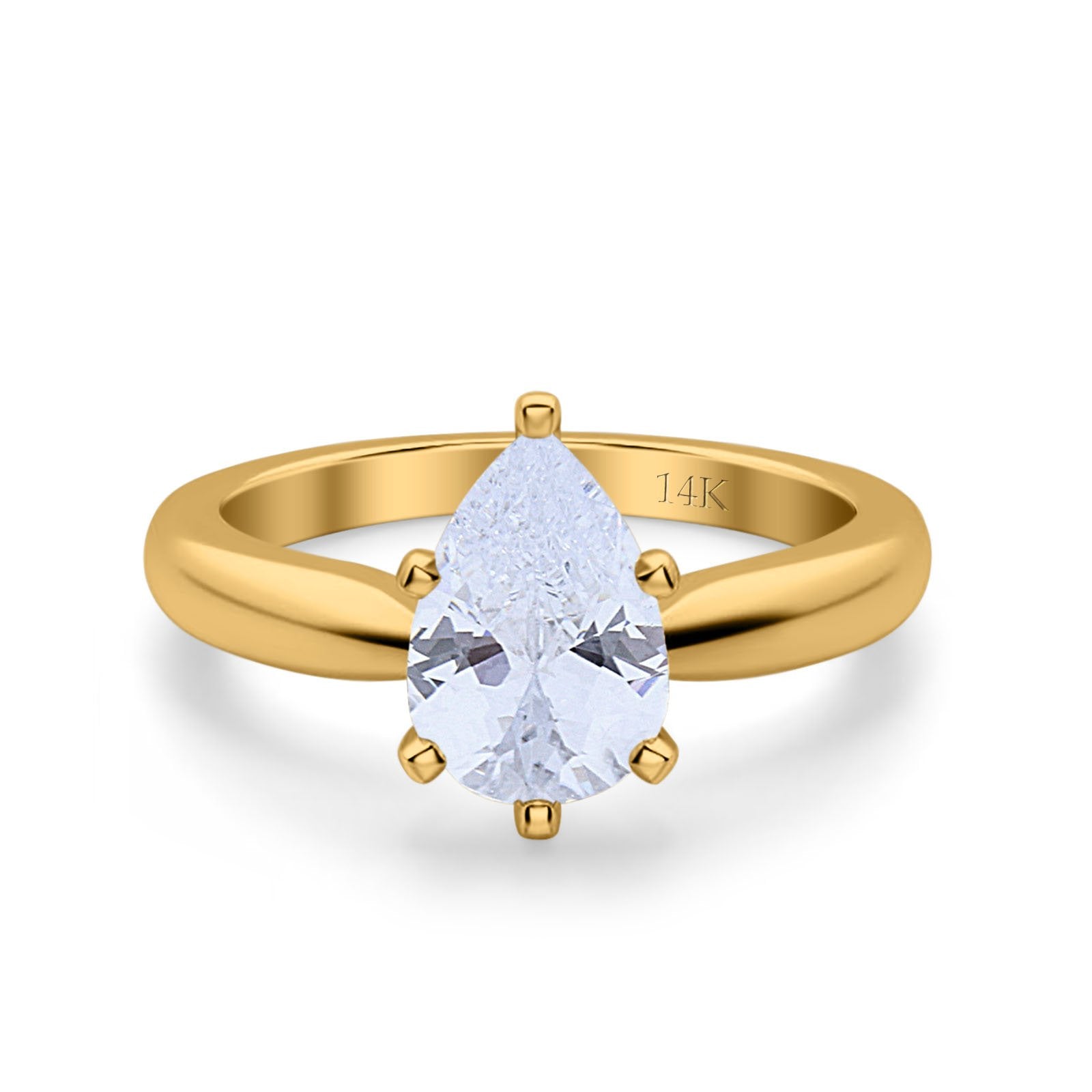 14K Yellow Gold Solitaire Teardrop Simulated Cubic Zirconia Wedding Ring