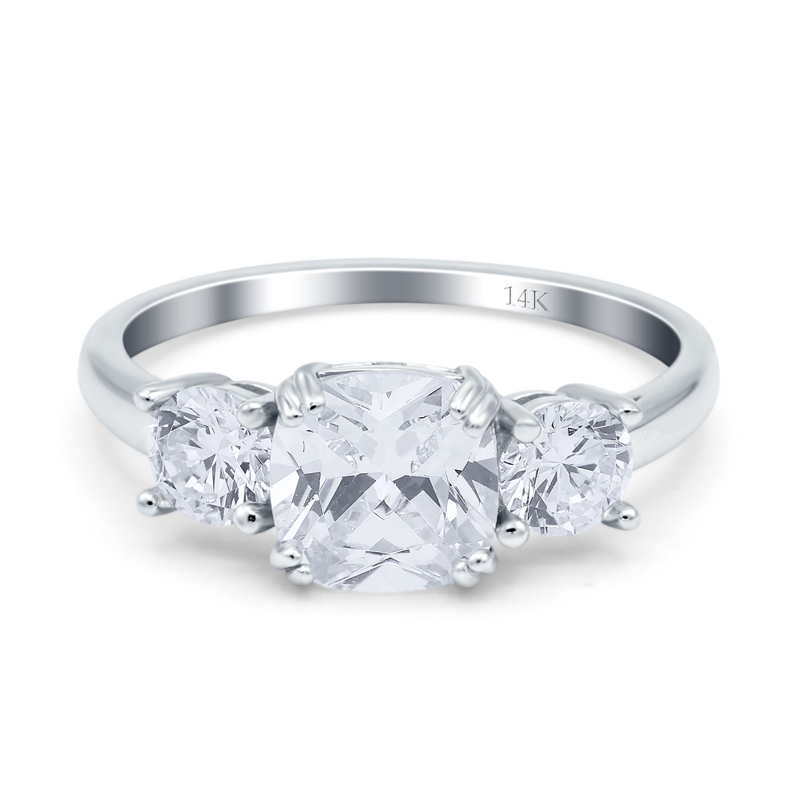 14K White Gold Cushion Three Stone Bridal Wedding Engagement Ring Simulated CZ Size-7