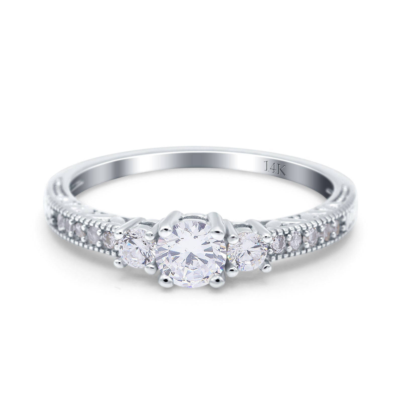 14K White Gold Round Three Stone Bridal Wedding Engagement Ring Simulated CZ