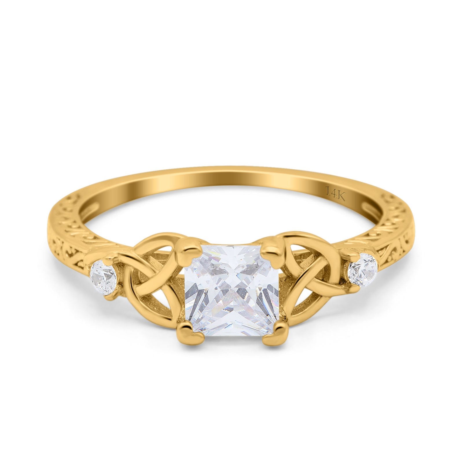 14K Yellow Gold Cushion Celtic Art Deco Engagement Ring Simulated Cubic Zirconia Size-7