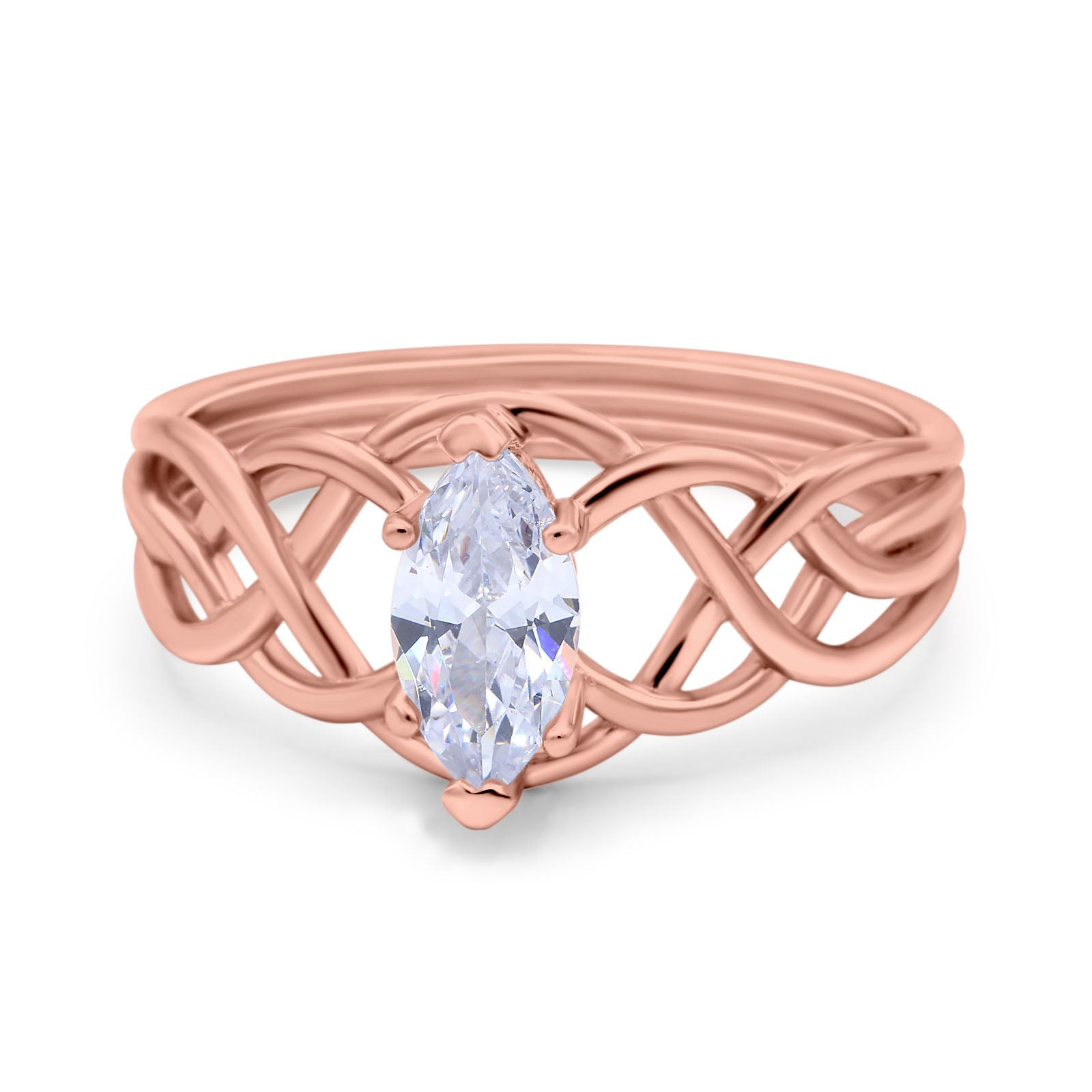 14K Rose Gold Marquise Art Deco Crisscross Bridal Wedding Engagement Ring Simulated CZ Size-7