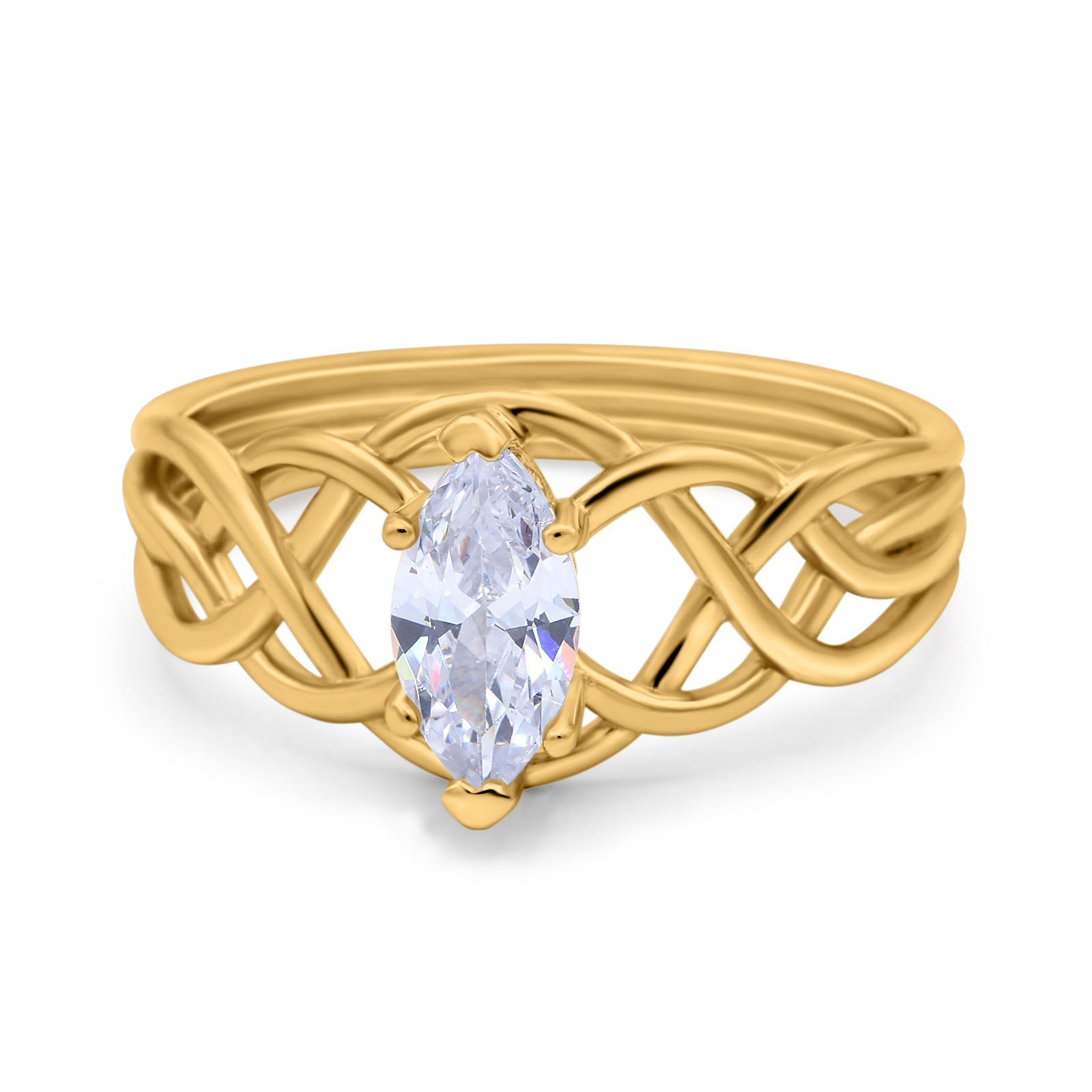 14K Yellow Gold Marquise Art Deco Crisscross Bridal Wedding Engagement Ring Simulated CZ Size-7