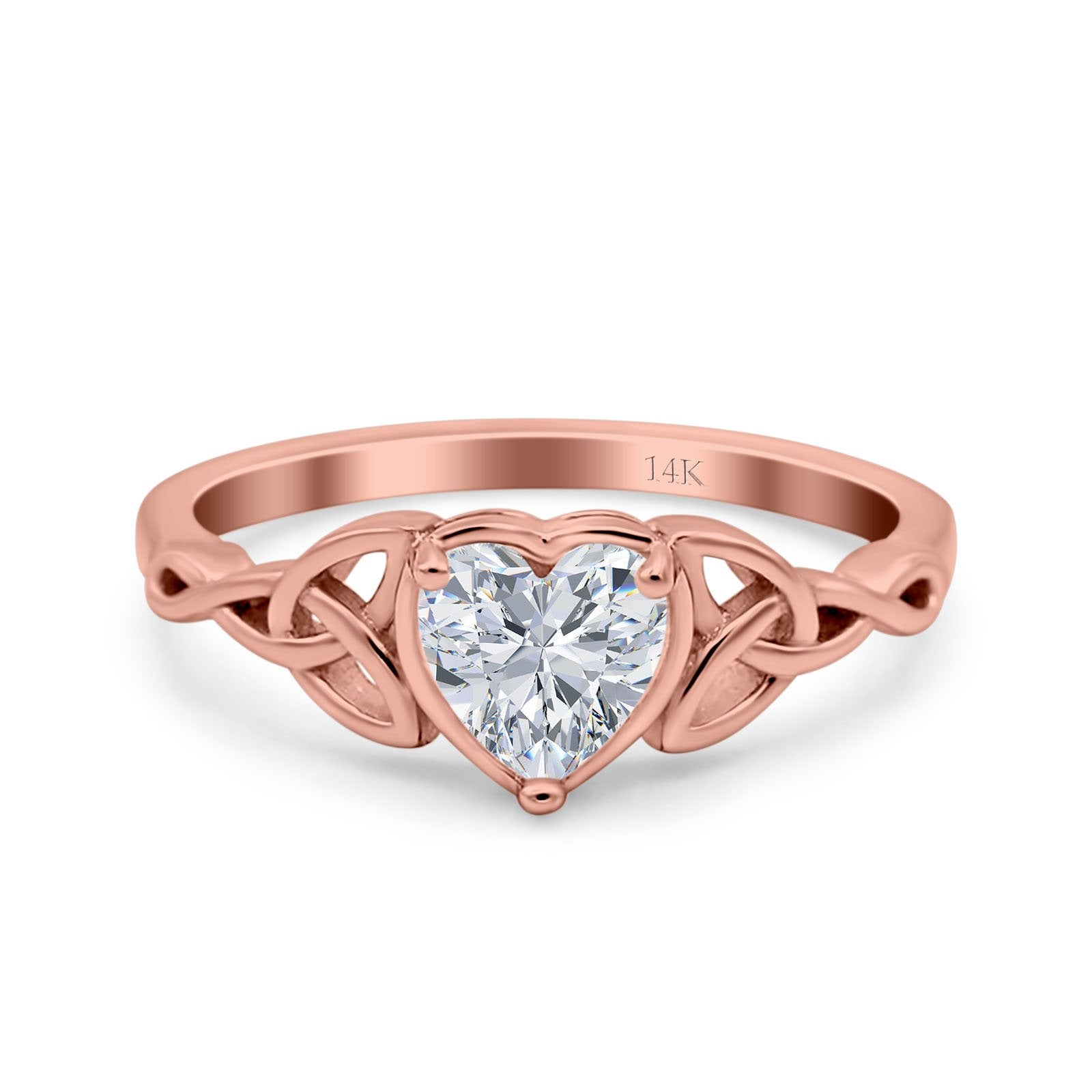 14K Rose Gold Heart Celtic Wedding Promise Ring Simulated Cubic Zirconia Size-7