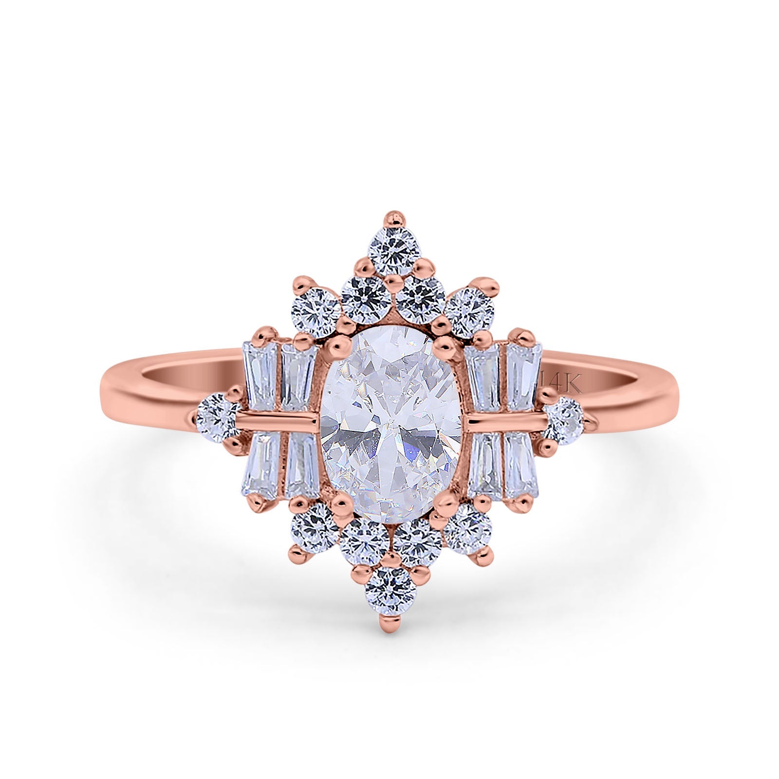 14K Rose Gold Oval Cut Halo Vintage Bridal Wedding Engagement Ring Simulated CZ Size-7