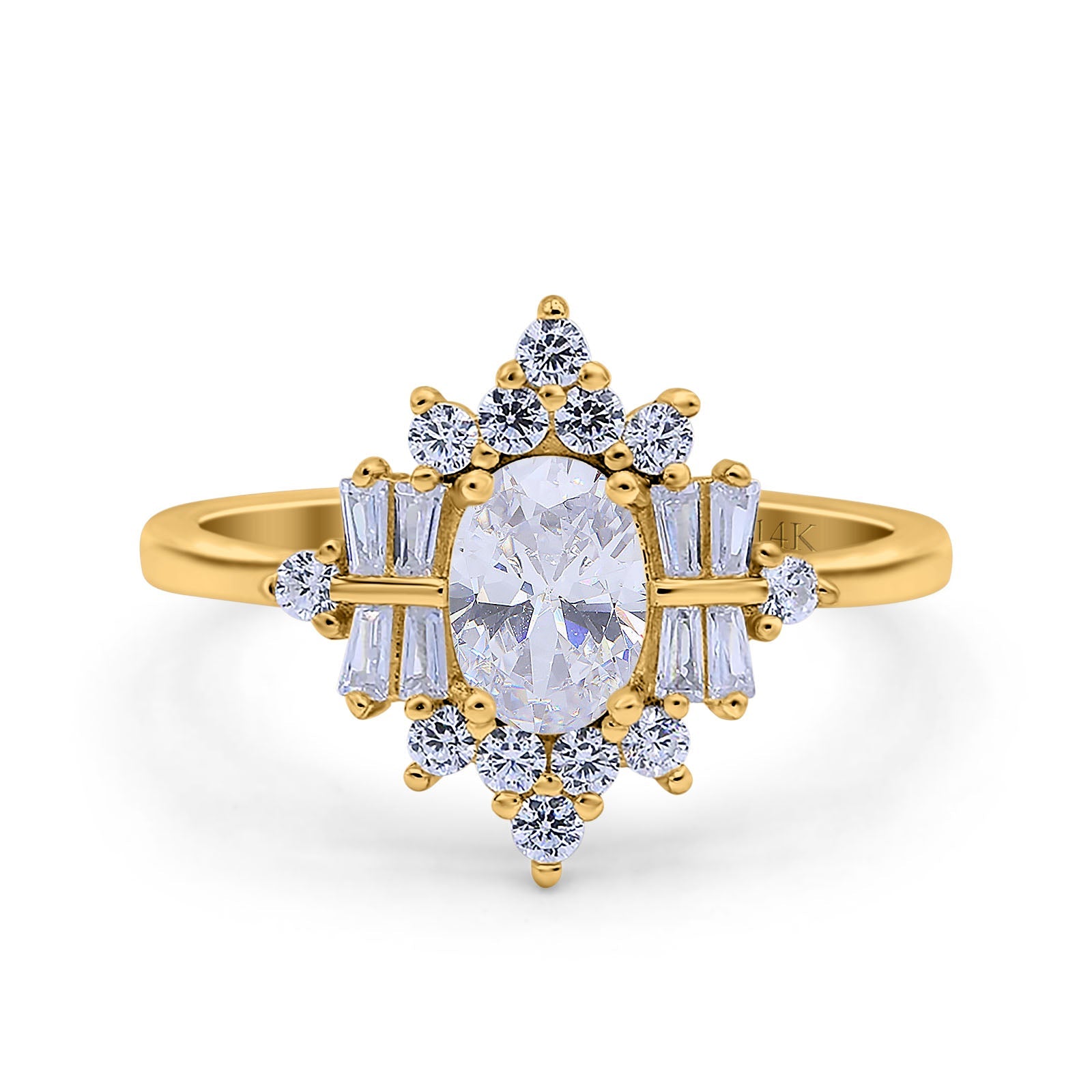 14K Yellow Gold Oval Cut Halo Vintage Bridal Wedding Engagement Ring Simulated CZ