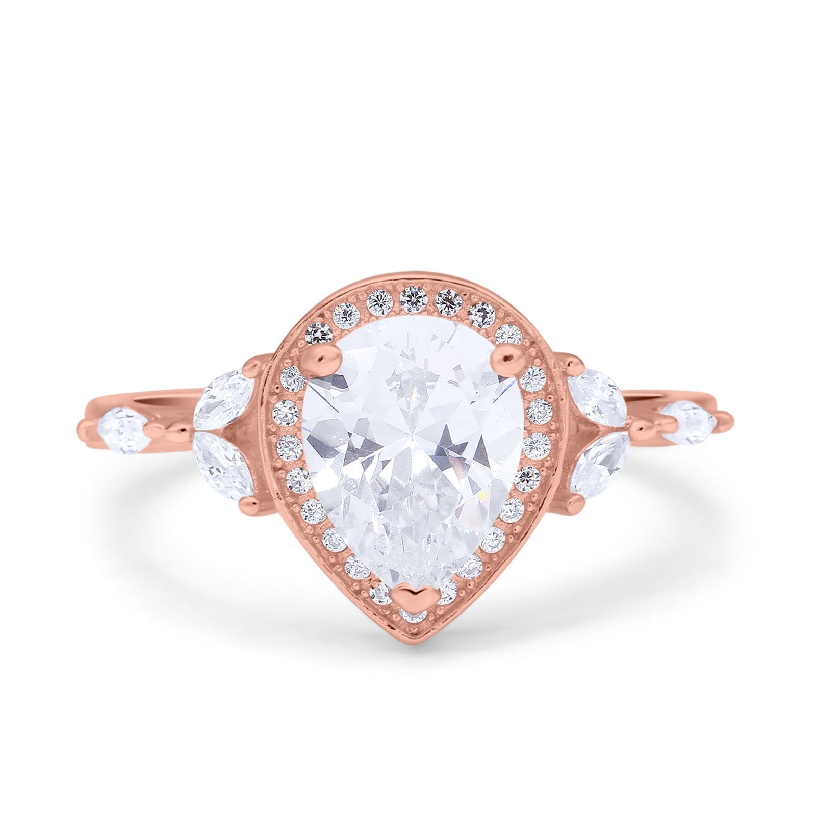 14K Rose Gold Teardrop Pear Art Deco Engagement Wedding Bridal Halo Ring Round Marquise Simulated CZ Size-7