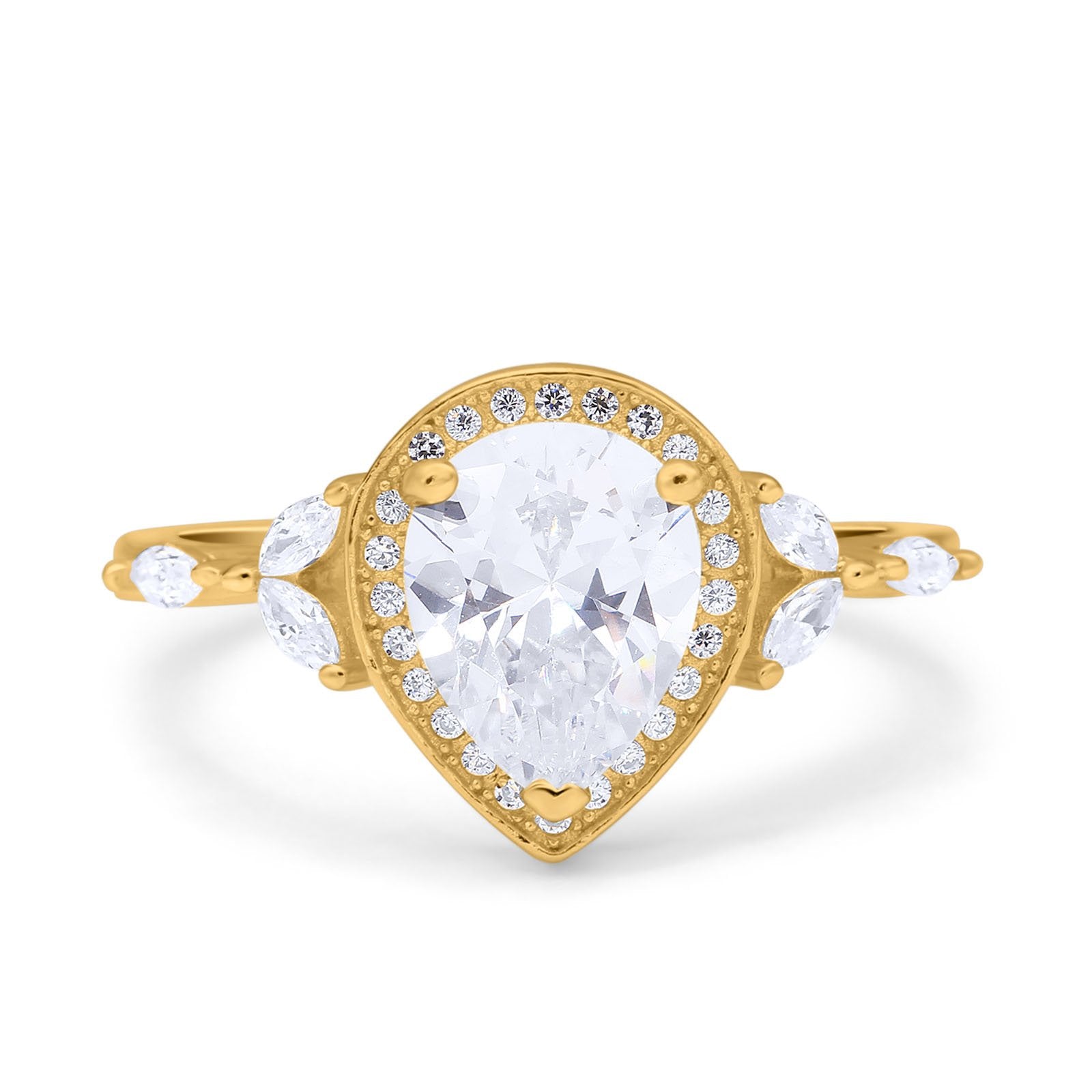 14K Yellow Gold Teardrop Pear Art Deco Engagement Wedding Bridal Halo Ring Round Marquise Simulated CZ Size-7